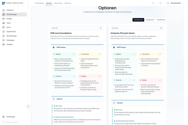 DecTrack Entscheidungsansicht mit Optionen, Analyse und Team-Abstimmung